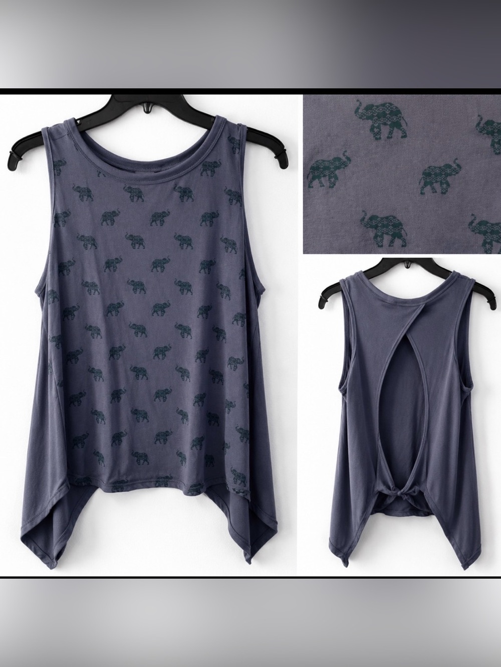 Elephant Print Open Back Tie Tank Top Handkerchief Hem